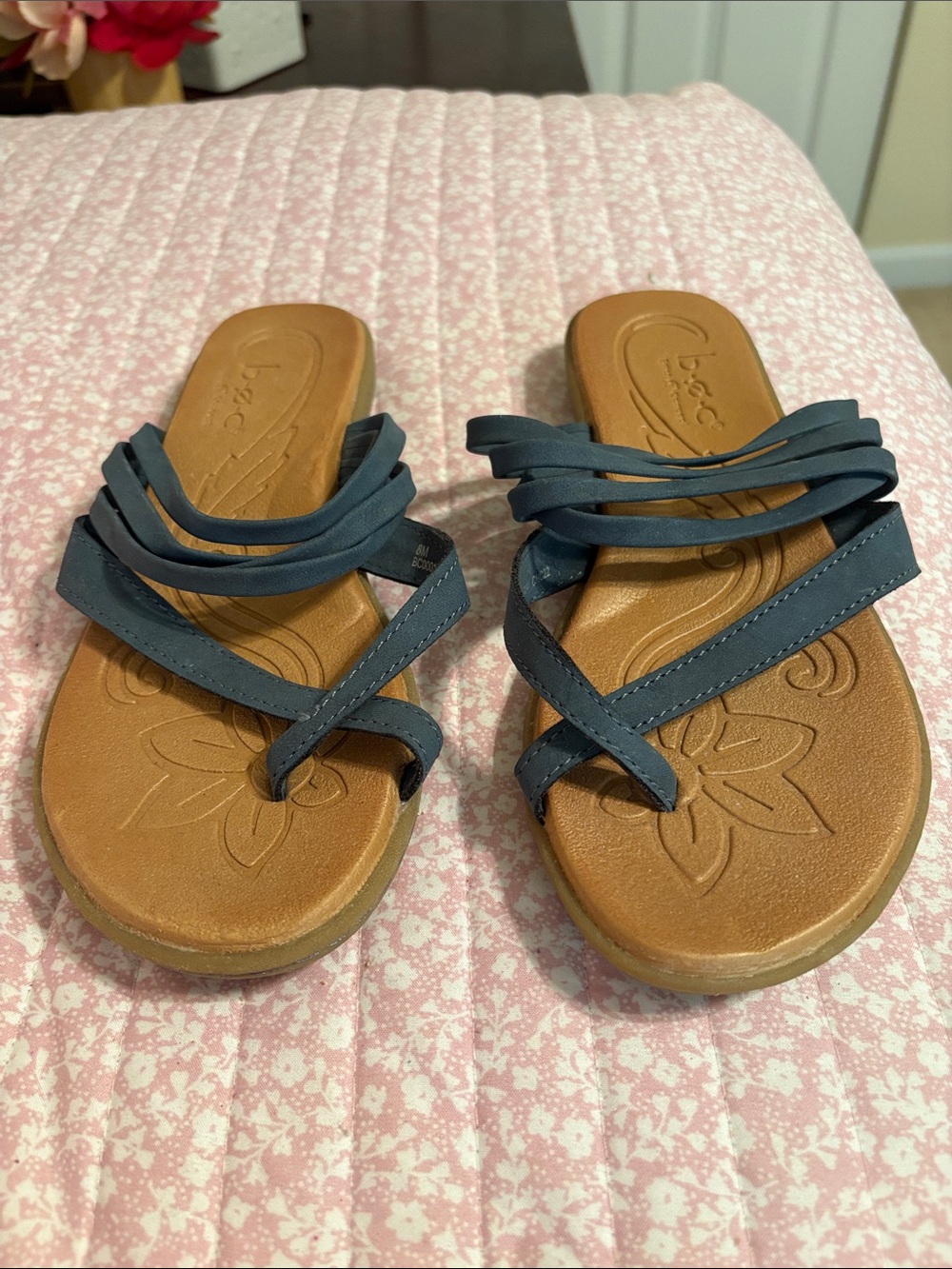 boc Navy Multi-Strap Toe-Loop Slide Sandals with Brown Footbed